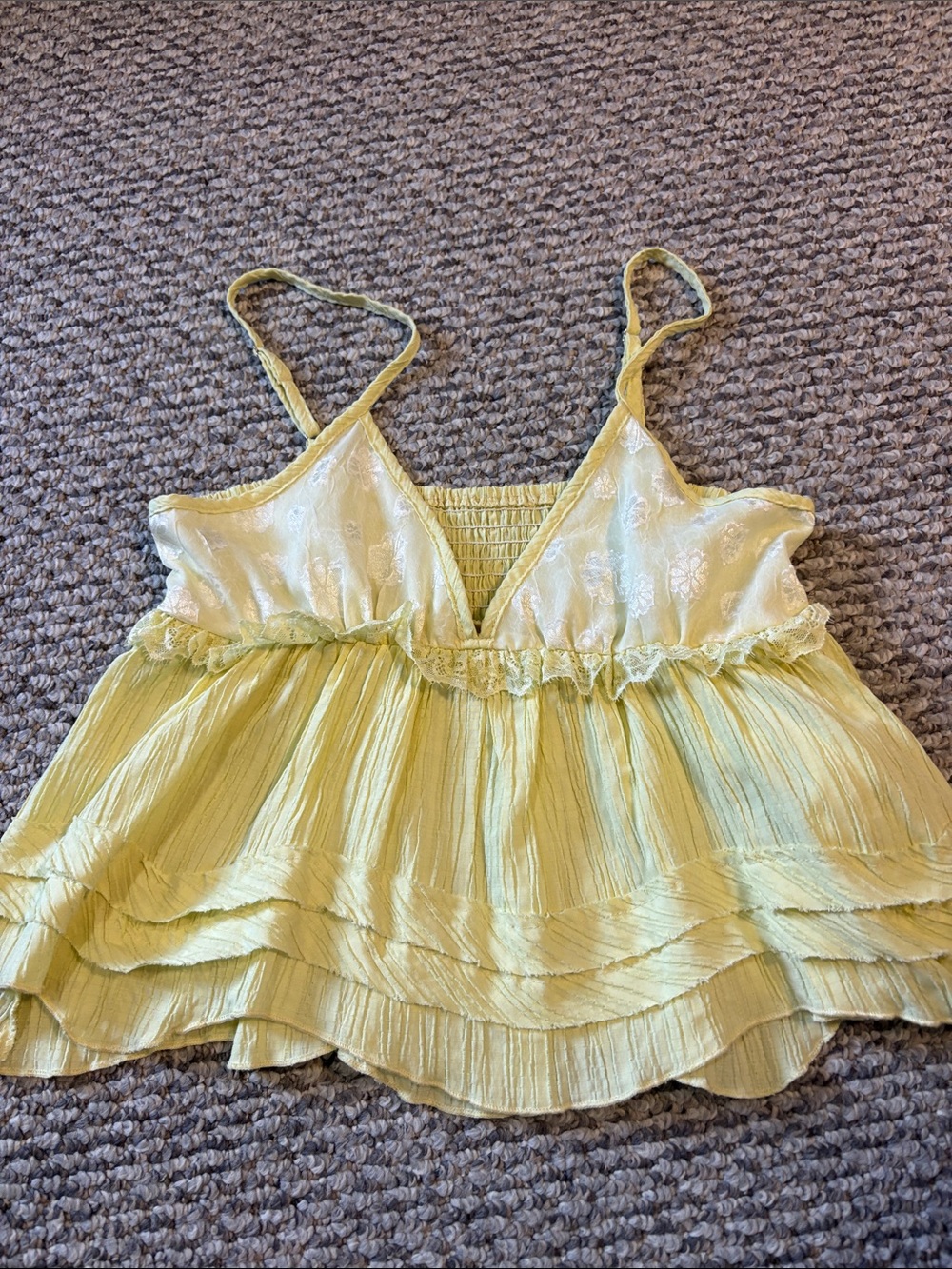 Light Yellow Ruffle Smocked Spaghetti-Strap Tank Top
